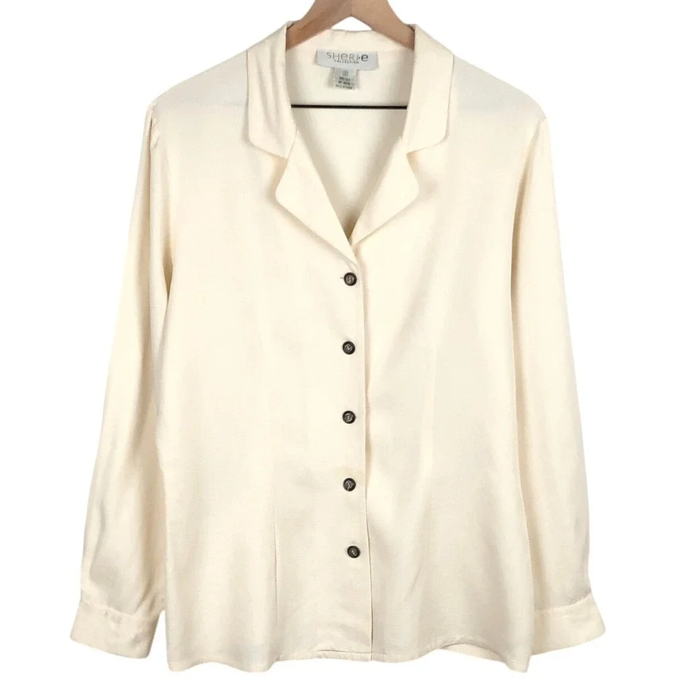 Sheri-e Collection 100% Silk Textured Button Up Blouse Women's 12 Cream L/S‎